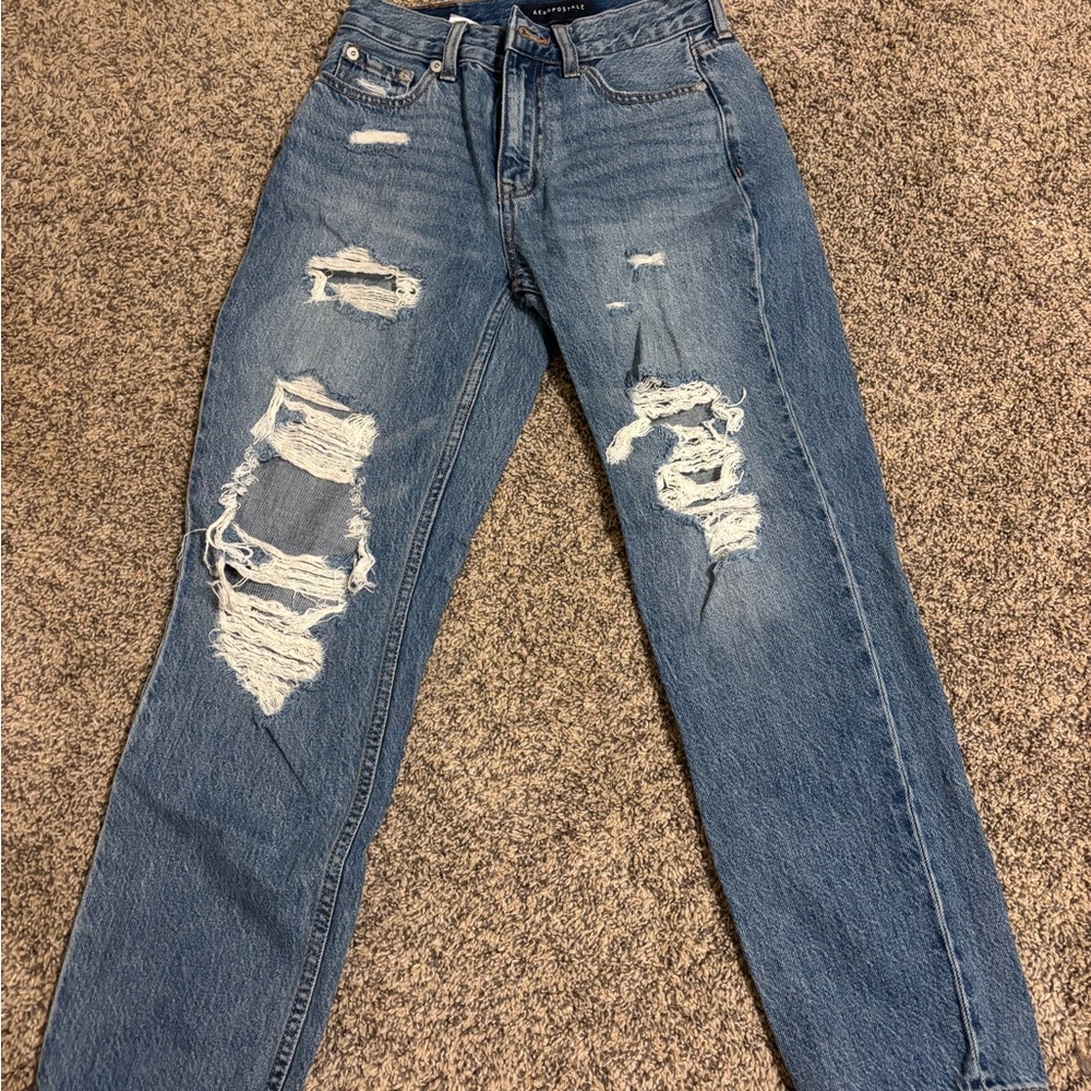 Aeropostale Blue Straight Leg Jeans with Distressed Details